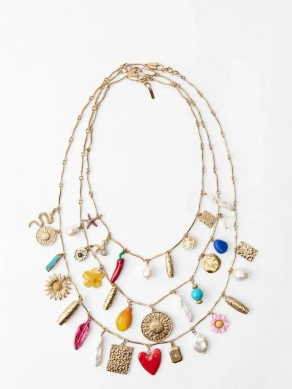 Zara Long Charm Necklace Multi-Color Mixed Pendant Gold Tone 3 pack NWT